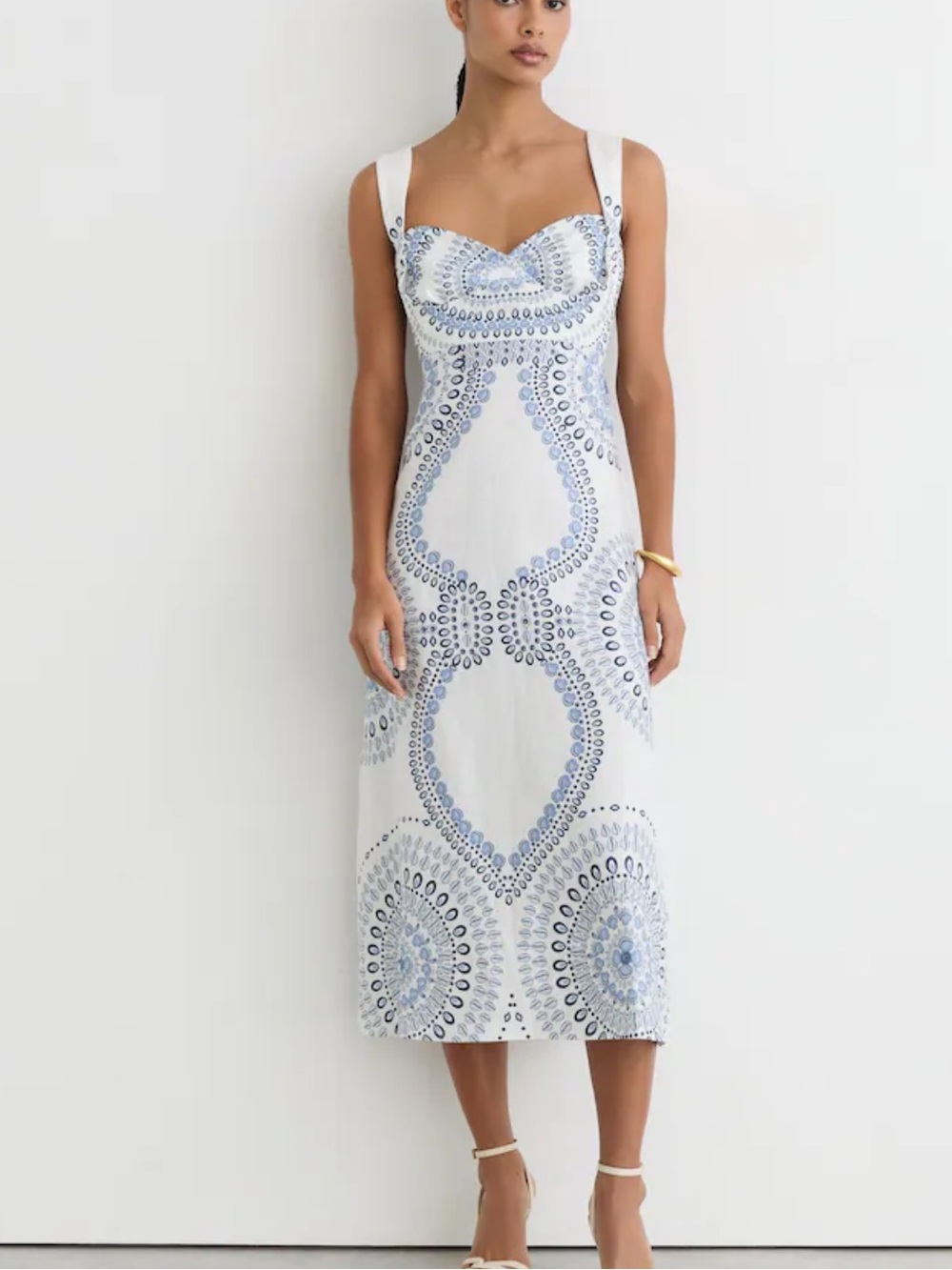 REISS Addison Linen Floral-Print Midi Dress in Ivory/Blue